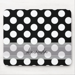 Monogram Black White Chic Polka Dot Pattern Mouse Pad