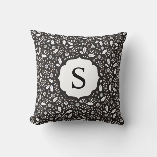 Monogram Black White Christmas Floral Pattern Throw Pillow (Front)