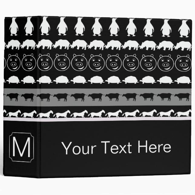 Monogram Black White Cute Animals Pattern #2 Binder (Front/Spine)