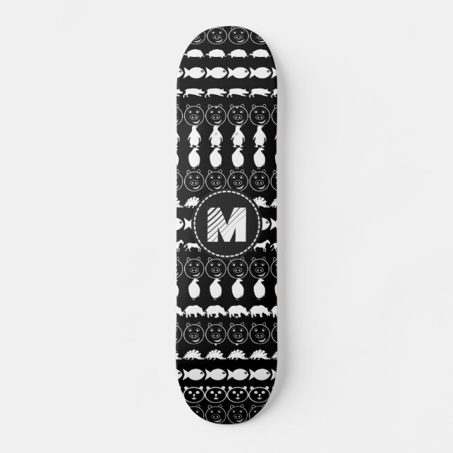 Monogram Black White Cute Animals Pattern Skateboard (Front)