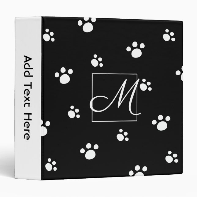 Monogram | Black & White Cute Puppy Dog Paw Print Binder (Front/Spine)