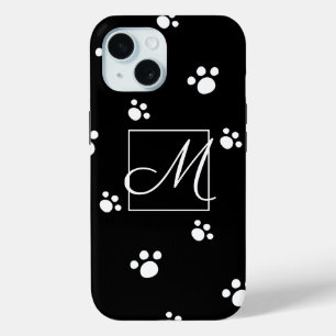 Monogram   Black & White Cute Puppy Dog Paw Print iPhone 15 Case