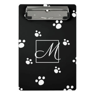 Monogram Black & White Cute Puppy Dog Paw Print Mini Clipboard