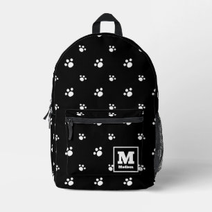 Monogram Black & White Cute Puppy Dog Paw Print Printed Backpack