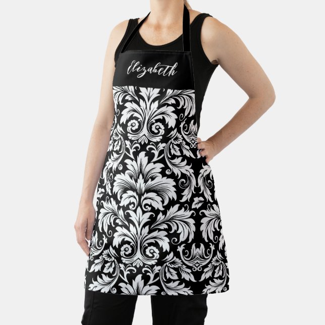 Monogram Black White Damask Apron (Insitu)