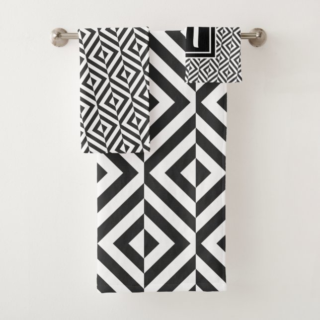 Monogram Black & White Diamond Pattern Bath Towel Set (Insitu)
