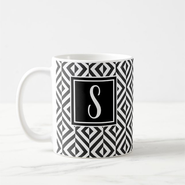 Monogram Black & White Diamond Pattern Coffee Mug (Left)