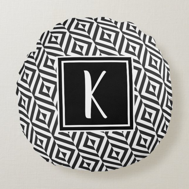 Monogram Black & White Diamond Pattern Round Pillow (Front)