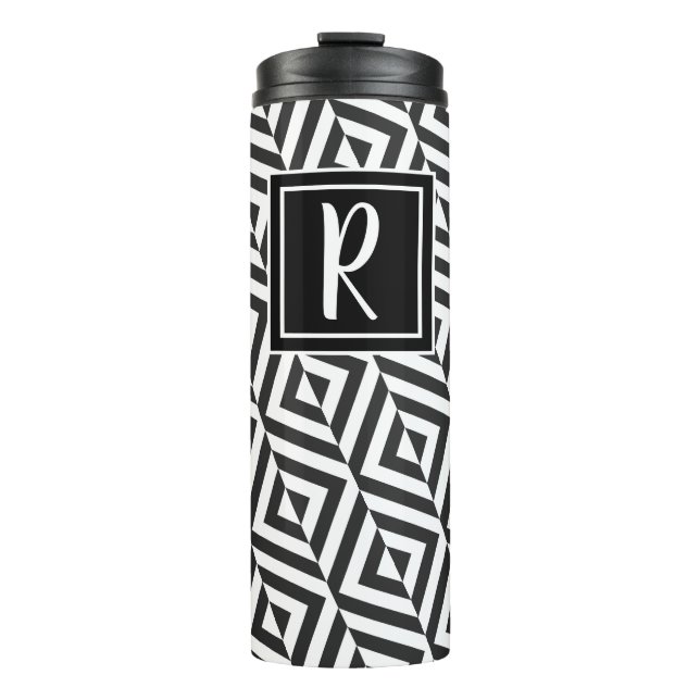 Monogram Black & White Diamond Pattern Thermal Tumbler (Front)