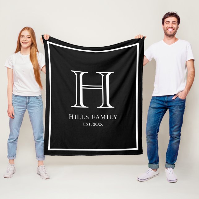 Monogram Black & White Family Name Fleece Blanket (In Situ)