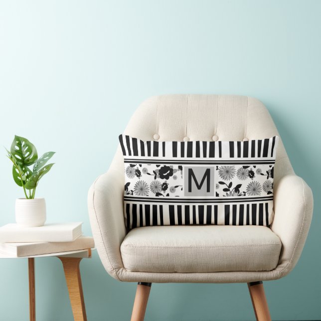 Monogram Black & White Floral Fence Pattern Lumbar Pillow (Chair)