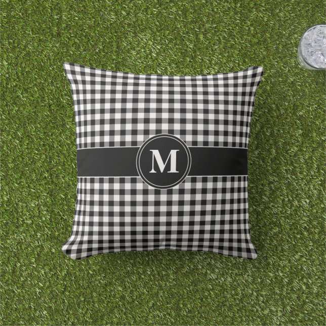 Monogram Black & White Gingham Plaid Check Pattern Outdoor Pillow (Grass)