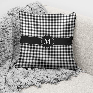 Monogram Black & White Gingham Plaid Check Pattern Throw Pillow