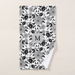 Monogram Black White Gray Flower Design Hand Towel