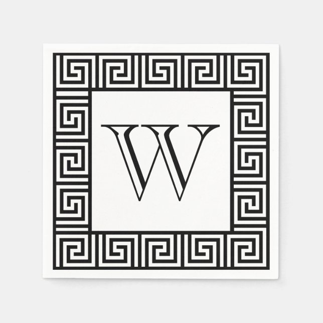 Monogram Black & White Greek key paper napkin (Front)