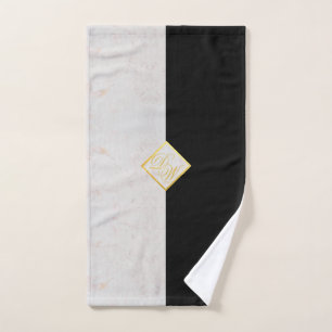 Monogram Black White Marble Gold Elegant Script Hand Towel
