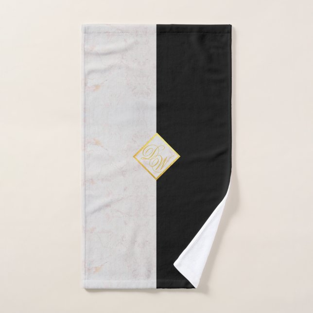 Monogram Black White Marble Gold Elegant Script Hand Towel (Hand Towel)