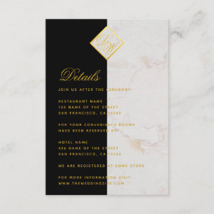 Monogram Black White Marble Gold Wedding Details Enclosure Card