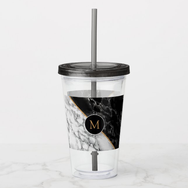 Monogram Black White Marble Stone Acrylic Tumbler (Front)