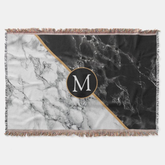 Monogram Black White Marble Throw Blanket (Front)
