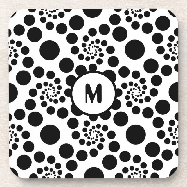 Monogram Black & White Modern Swirl Dots Design Coaster (Front)