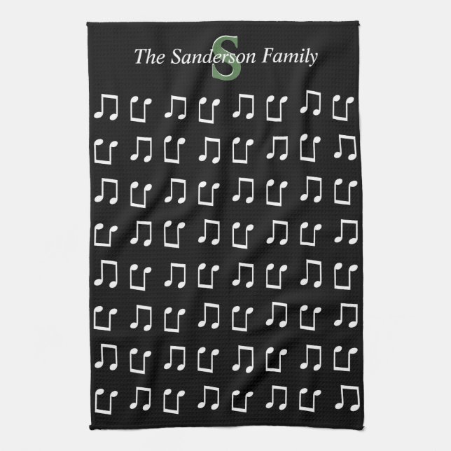 Monogram Black White Musical Note Music Kitchen Towel (Vertical)