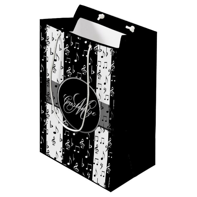 Monogram Black & White Musical Stripes Gift Bag (Front Angled)