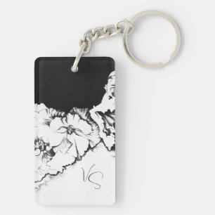Monogram Black & White Original Stipple Art Floral Keychain