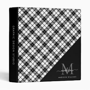 Monogram Black White Plaid Feminine Script Office Binder