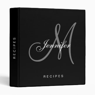 Monogram Black White Script Elegant Name Recipe Binder