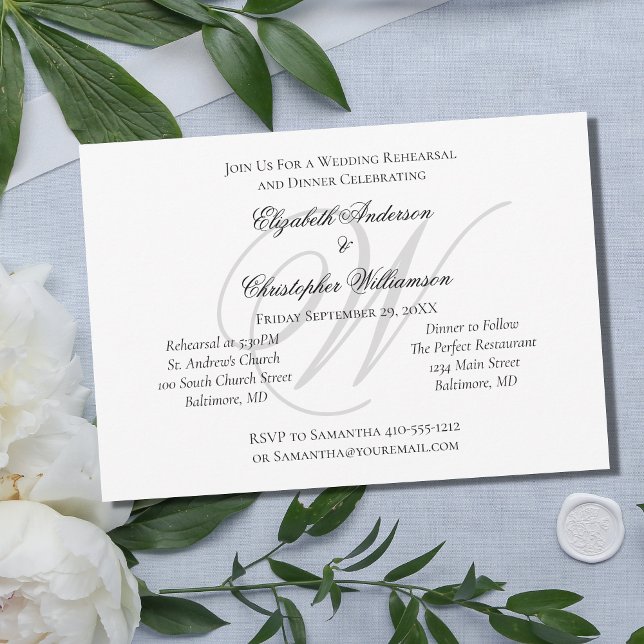 Monogram Black White Silver Wedding Rehearsal  Inv Invitation (Creator Uploaded)