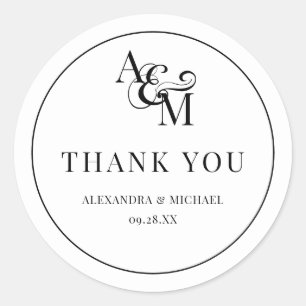 Monogram Black White Simple Elegant Thank You Classic Round Sticker