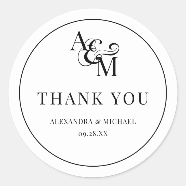 Monogram Black White Simple Elegant Thank You Classic Round Sticker (Front)