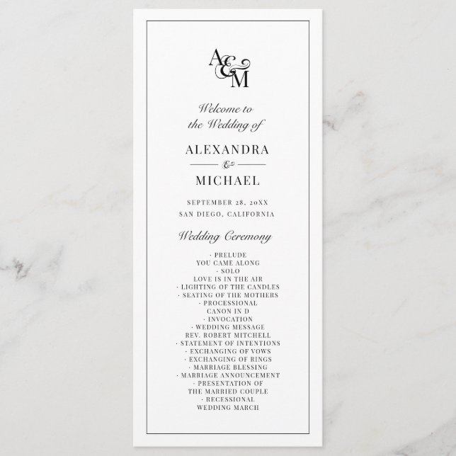 Monogram Black White Simple Minimalist Wedding Program (Front)
