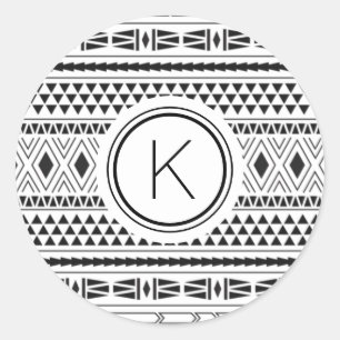 Monogram Black White Southwest Tribal Pattern Classic Round Sticker