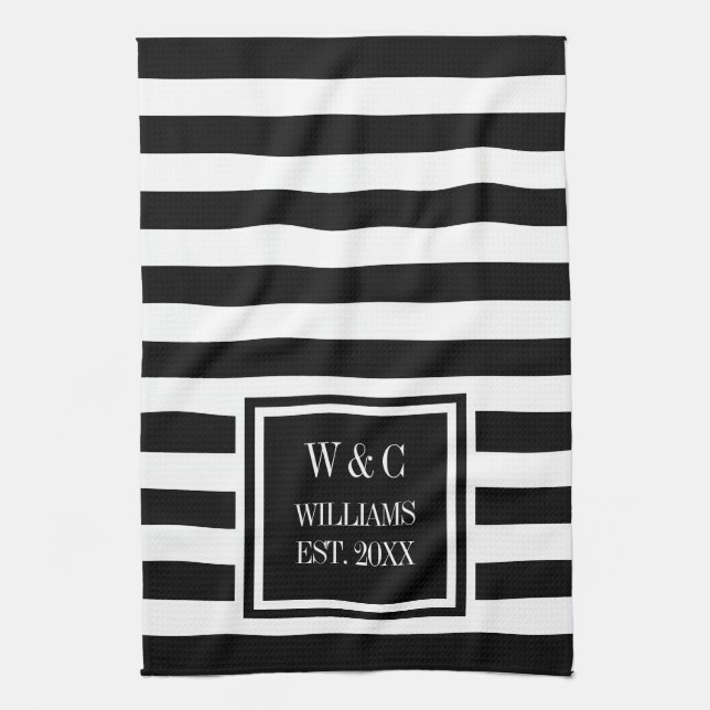Monogram Black White Stripe Personalized Kitchen Towel (Vertical)