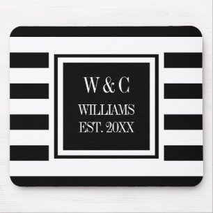 Monogram Black White Stripe Personalized Mouse Pad