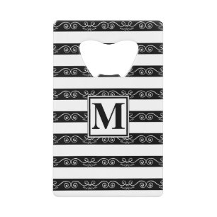 Monogram Black White striped design Credit Card Bottle Opener