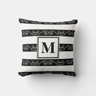 Monogram Black White striped design Throw Pillow