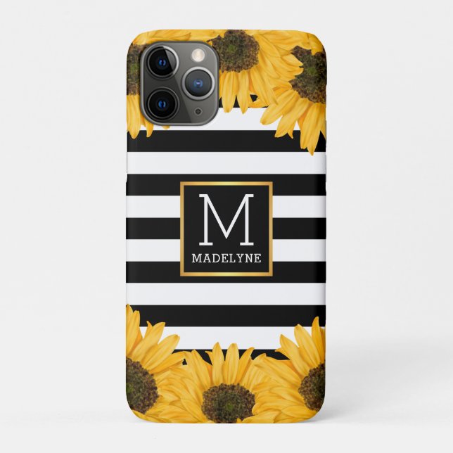 Monogram Black White Striped Sunflower Gold Case-Mate iPhone Case (Back)