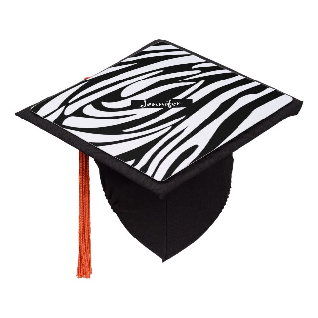 Monogram Black & White Striped Zebra Pattern Graduation Cap Topper (Angled)