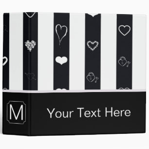 Monogram Black White Stripes Modern Heart Pattern Binder