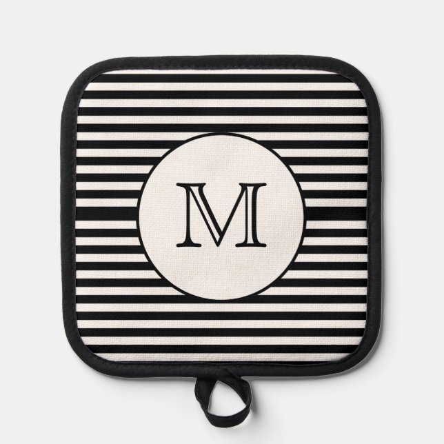 Monogram Black & White Stripes Personalized Pot Holder (Front)
