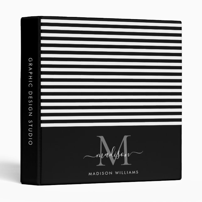Monogram Black White Stripes Script Grey Office Binder (Front/Spine)