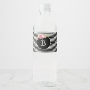 Monogram Black & White Stripes Water Bottle Label