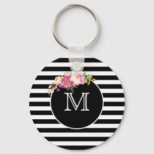 Monogram Black & White Stripes with Flowers Keychain