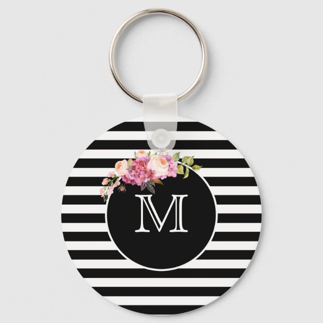Monogram Black & White Stripes with Flowers Keychain (Front)