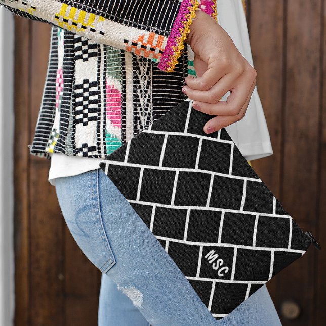 Monogram, Black & White Stylish Trellis Pattern Accessory Pouch (Creator Uploaded)
