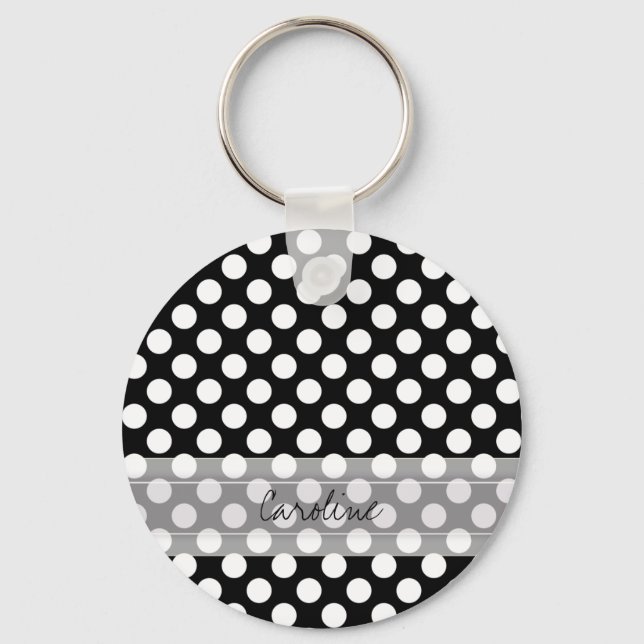 Monogram Black White Trendy Fun Polka Dot Pattern Keychain (Front)