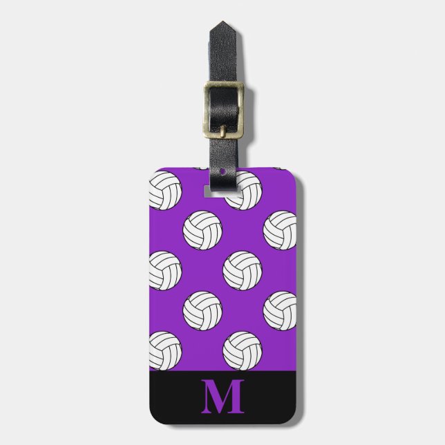 Monogram Black White Volleyball Balls, Purple Luggage Tag (Front Vertical)